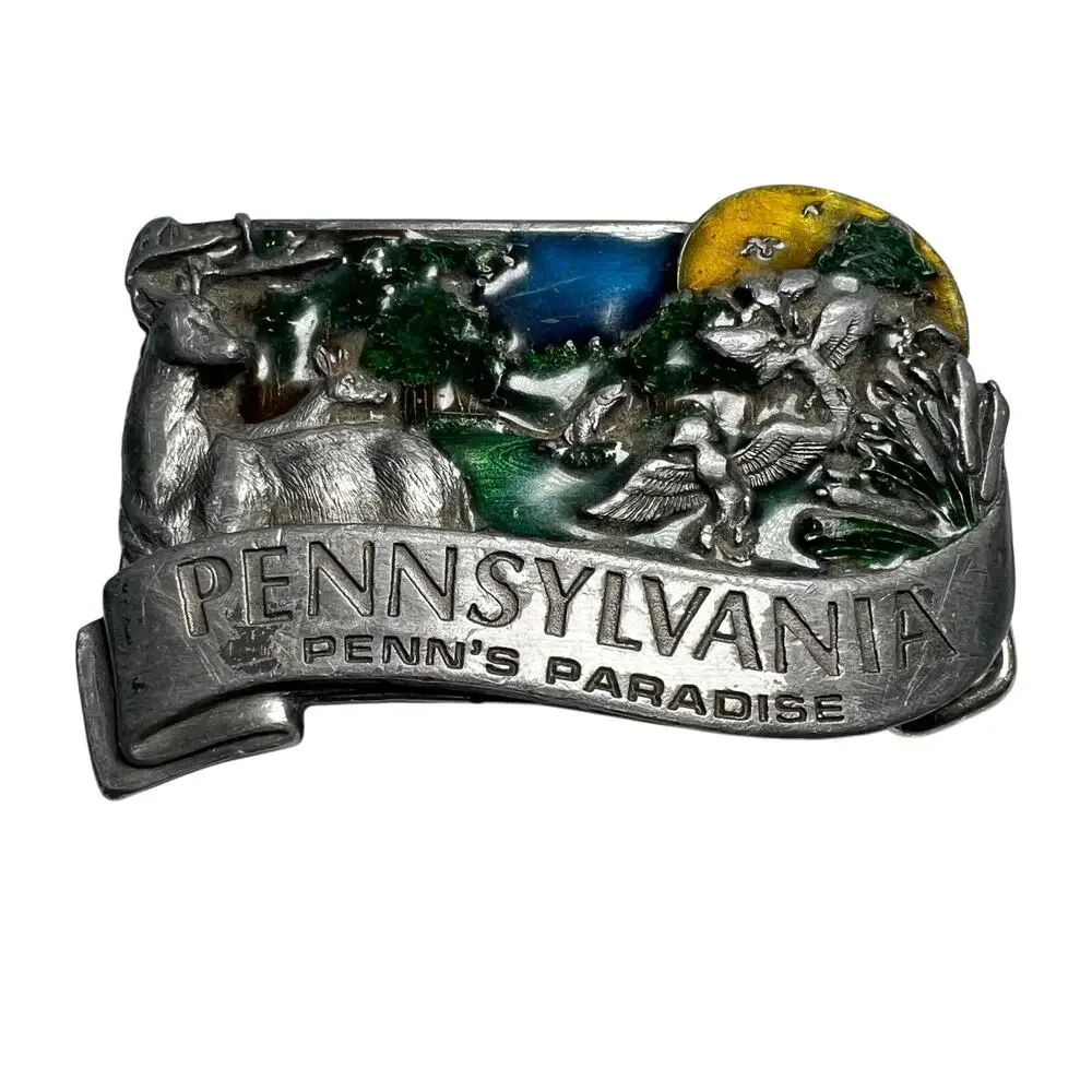 Vintage 80s Bergamot Belt Buckle Enamel Penns Paradise Pennsylvania Hunting
